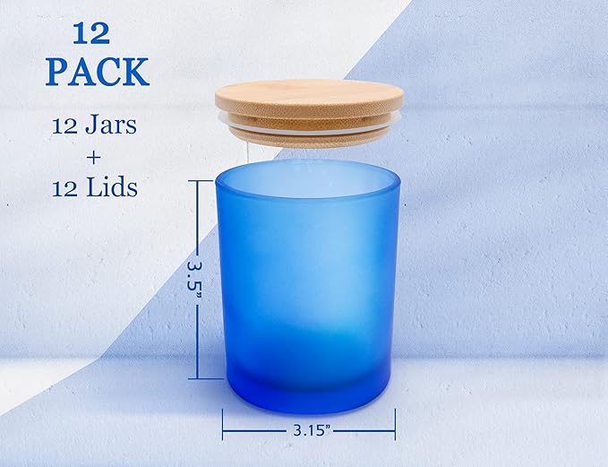 12 Pack Candle Jars for Making Candles, 10 OZ Empty Candle Jars with Bamboo Lids, Bulk Candle Containers Candle Glass - Dishwasher Safe, Frosted Blue