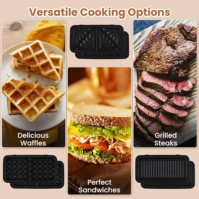 KOTEK 3 In 1 Sandwich Maker, Waffle Maker with Removable Plates, 5-Gear Temperature Control, Non-Stick Coating, Cool Touch Handle & Indicator Lights, Panini Press for Breakfast, 1200W