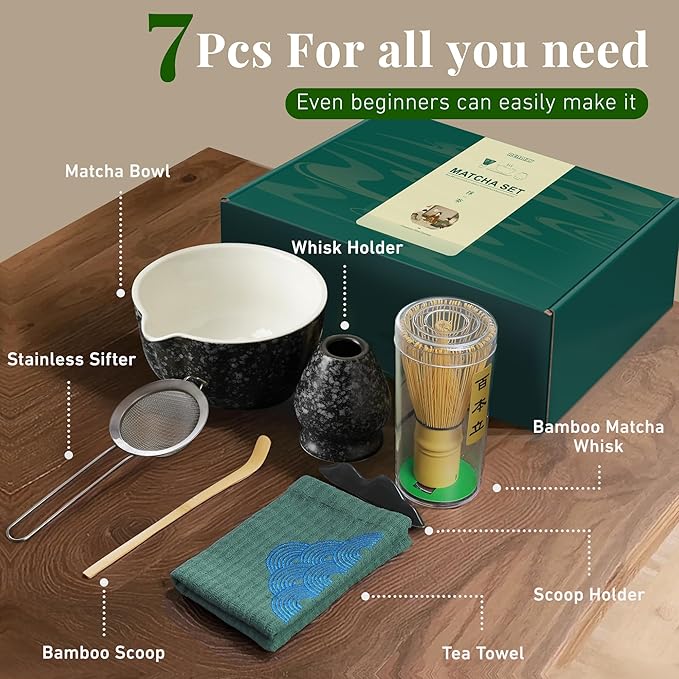 Matcha Whisk Set,7 PCS Ceramic Matcha Kit Includes Matcha Bowl with Spout, Matcha Whisk and Holder, Bamboo Scoop, Stainless Sifter, Tea Towel, Unique Gift for Matcha Lovers (Charcoal gray)