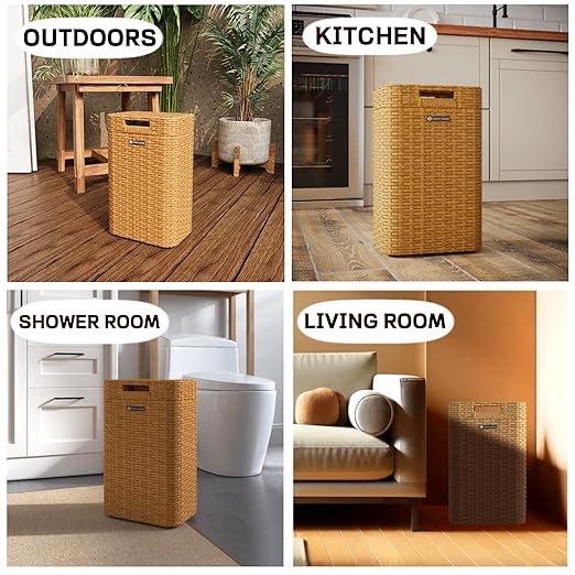 Ypati Rattan Trash Can with Lid, Wicker Bathroom Garbage Bin with Removeable Liner, 4 Gallon Small Waste Basket for Home, Outdoor Patio, Dorm, Office, Boho Decor, with Trash Bags, Yellow, Eureka