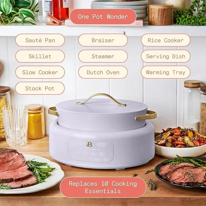 Beautiful 10-in-1 6Qt Electric Multi-Cooker by Drew Barrymore – Slow and Rice Cooker, Steamer, Dutch Oven, Sauté & More – Touch Display, Oven Safe, Dishwasher Safe (Lavender)