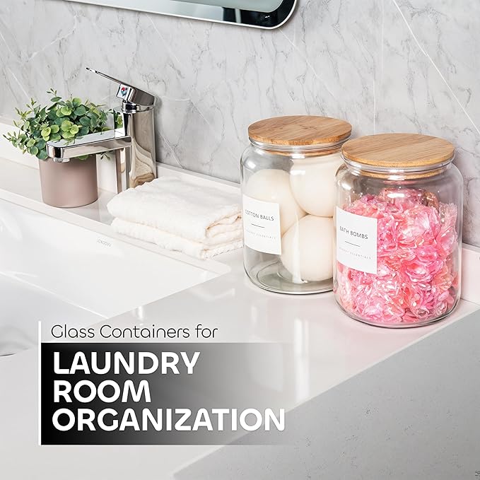 Airtight Glass Jars (2 pack 0.5 gallon each(2L)) with Bamboo Lids – Glass Storage with Wooden Scoop, Tongs, and Labels – Cabinet Storage Organization Duo for Laundry, Pantry, and Bathroom