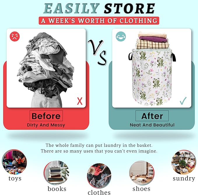 Cute Frog Laundry Hamper Foldable With Handles Kawaii Frogs Tote Bag Universal Oxford Cloth Funny Laundry Basket Clothes Toy Storage Bucket 18.9" x 16.5" For Bathroom/Laundry/Bedroom