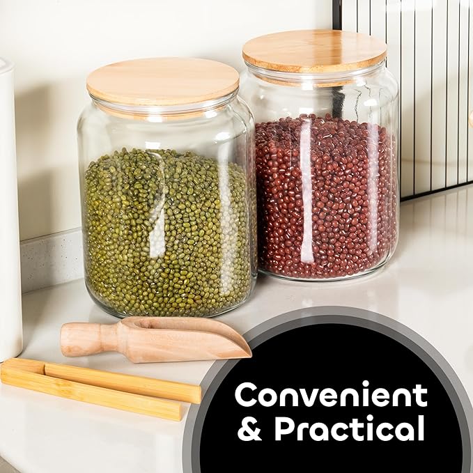 Airtight Glass Jars (2 pack 0.5 gallon each(2L)) with Bamboo Lids – Glass Storage with Wooden Scoop, Tongs, and Labels – Cabinet Storage Organization Duo for Laundry, Pantry, and Bathroom