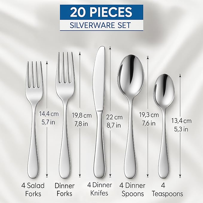 20-Piece Stainless Steel Flatware Set, Service for 4, Durable 18/0 Silverware with Ergonomic Design, Dishwasher Safe Tableware in Casual Style