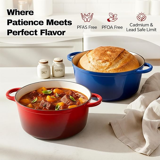 7 Quart Dutch Oven Pot with Lid, Non Stick Enameled Cast Iron Dutch Oven for Bread Baking, Heavy-Duty, Oven Safe Ceramic Cookware Up to 500°F for Baking, Braising, Stews, Roasting, Red