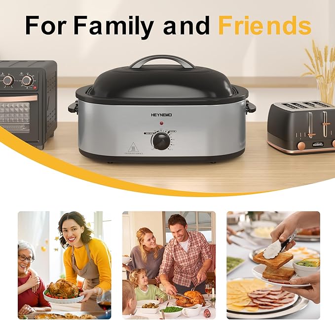 Roaster Oven 20 Quart, Electric Turkey Roaster Oven with Self-Basting Lid, Removable Pan and Rack, Full-Range Temperature, Powerful 1450W, Stainless Steel, Silver