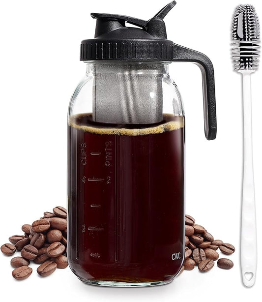COOK WITH COLOR Cold Brew Coffee Maker - 64oz Mason Jar Pitcher with Stainless Steel Filter, Airtight Glass Jar, Pour Spout Lid & Handle, Ideal for Iced Coffee & Tea, Includes Brush, Black