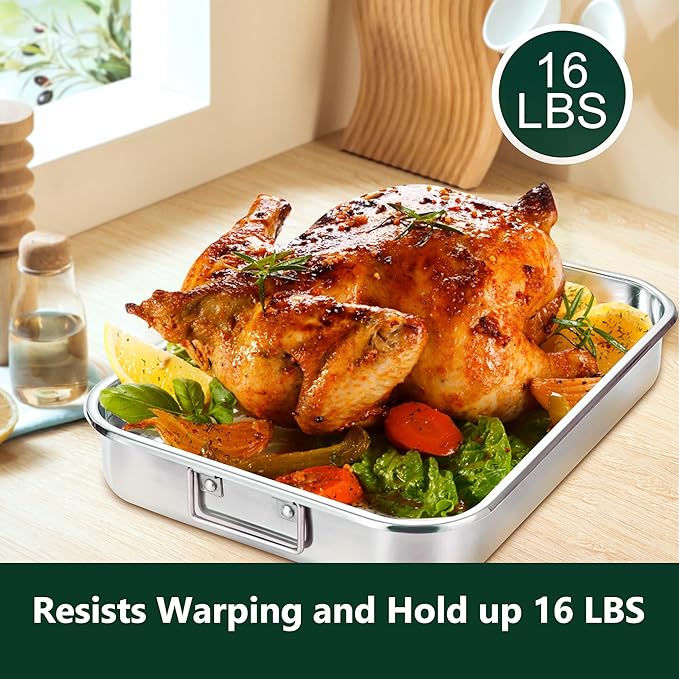 Stainless Steel Roasting Oven Pan: Roaster Pans With Rack & Handles 16.2 * 12.2 * 3 inches - Kitchen Baking Appliances for Turkey Chicken Beef - Kitchen Cookware Gifts for Women Homeowner