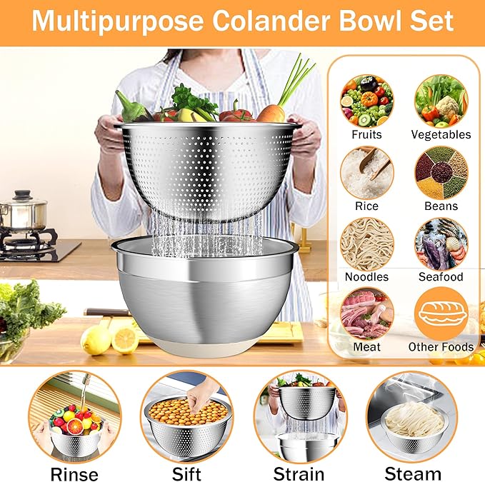 Mixing Bowls with Airtight Lids, Stainless Steel Mixing Bowl Set with 3 Metal Nesting Bowls, Colander & Grater, Non-Slip Bottoms, Size 1.5, 2.5, 6 QT, Great for Mixing & Serving, Khaki