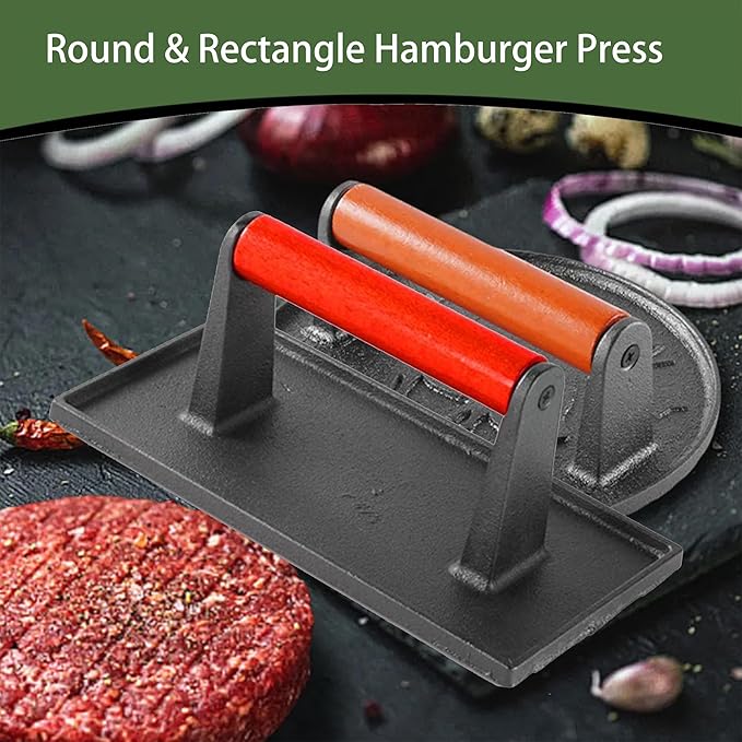 Smash Burger Press with Cast Iron Professional Heavy Duty Hamburger Smasher Tool for Grill Griddle Camp Chef Pitboss Weber and Meat Steak(8.6x4.3 inch Rectangle)