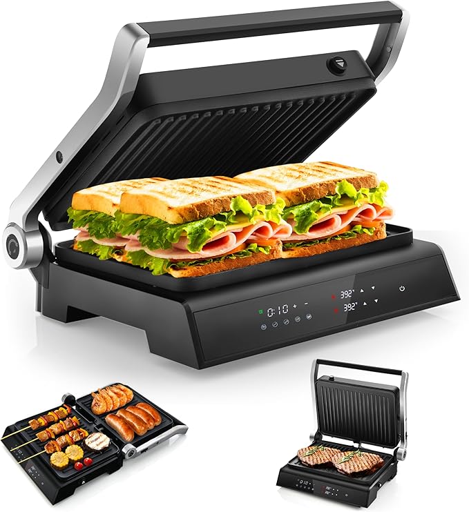 ARLIME 3 in 1 Panini Grill Press Sandwich Maker, 180 Degrees w/5 Auto Cooking Modes & LED Display, 1200W Electric Indoor Grill with Removable Plates & Drip Tray, Panini Press Grill for Breakfast