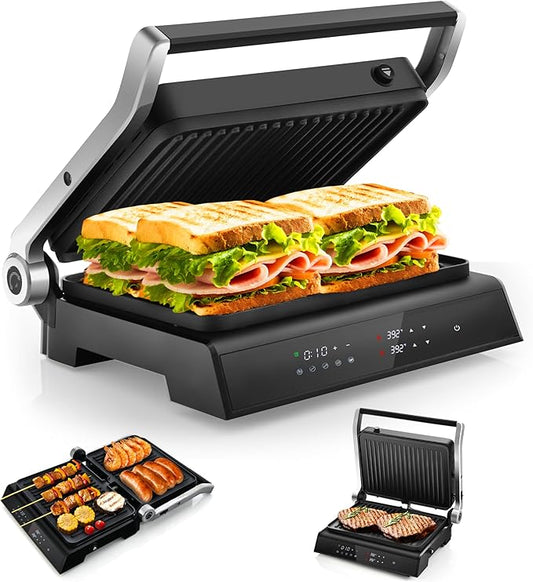 ARLIME 3 in 1 Panini Grill Press Sandwich Maker, 180 Degrees w/5 Auto Cooking Modes & LED Display, 1200W Electric Indoor Grill with Removable Plates & Drip Tray, Panini Press Grill for Breakfast