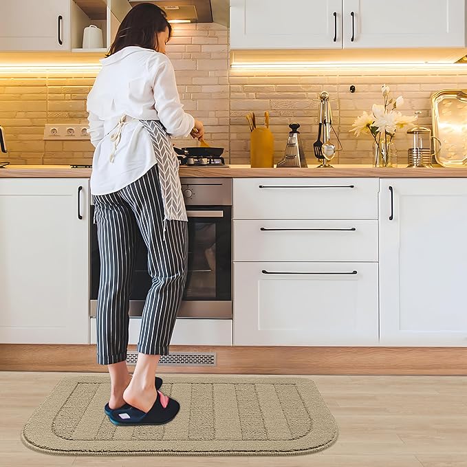 BEQHAUSE 24x36 Inch Kitchen Rug Mat Durable Kitchen Rugs Non-Slip Washable Absorbent Kitchen Mats for Floor Dirt-Resistant Semicircular Kitchen Mat (Beige)