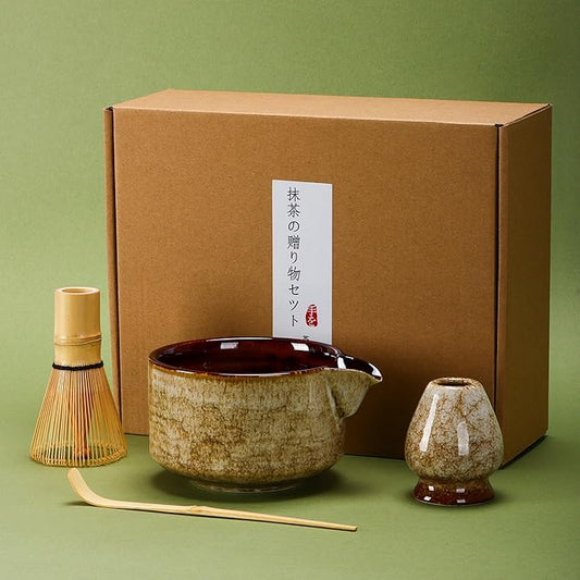 Matcha Tea Set 4 Pcs, JapaneseTraditional Ceramic Bowl, Bamboo Whisk (Chasen), Scoop (Chashaku), Holder (brown)