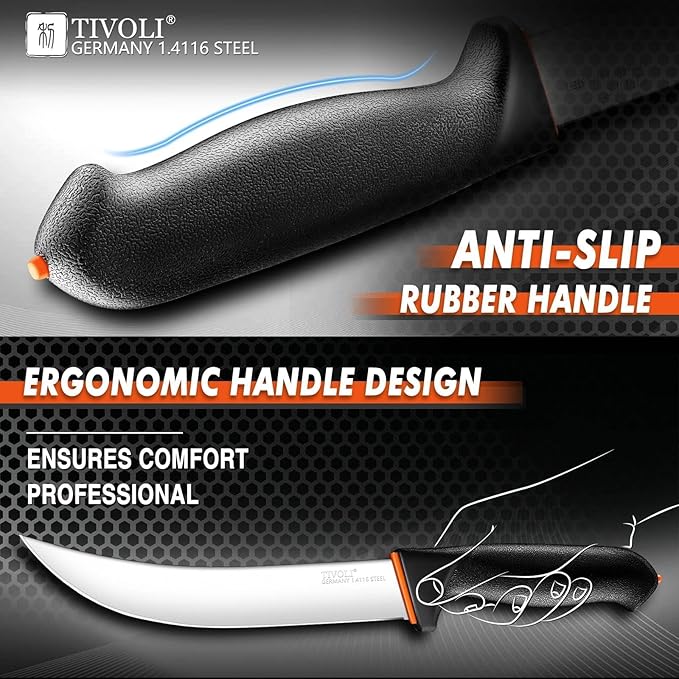 TIVOLI Butcher Knife Set, 6 PCS Professional Bbq Knife Set with Non-Slip Softgrip, German Stainless Steel Blade For Meat Cutting Skinning Boning Trimming, Non-Slip Softgrip & Incl. 7" Sharpener Rod