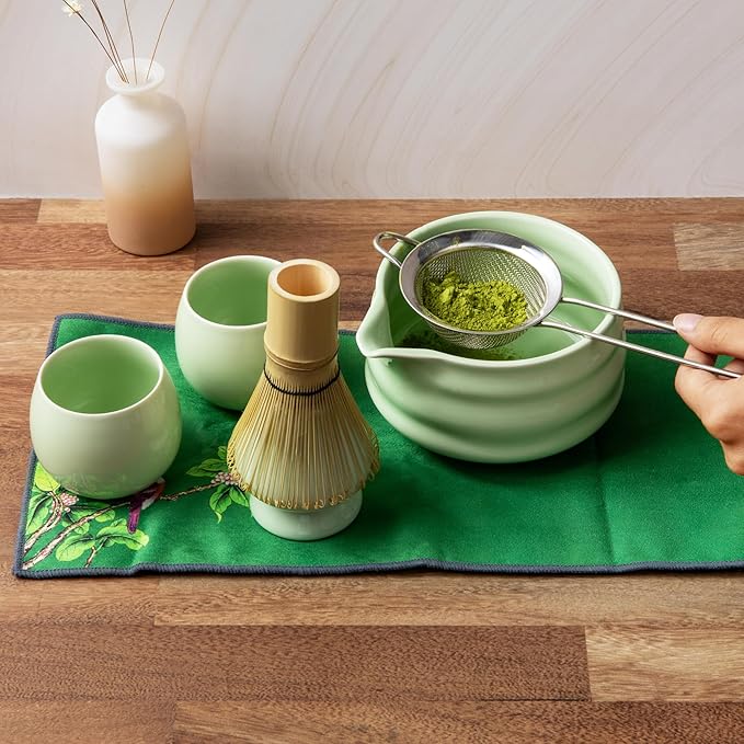 Matcha Whisk Set- Matcha Set includes Matcha Whisk and Bowl (Bowl with Spout), Sifter, Holder and Scoop- The Perfect Bamboo Whisk for Matcha Tea (Green- 7PC)