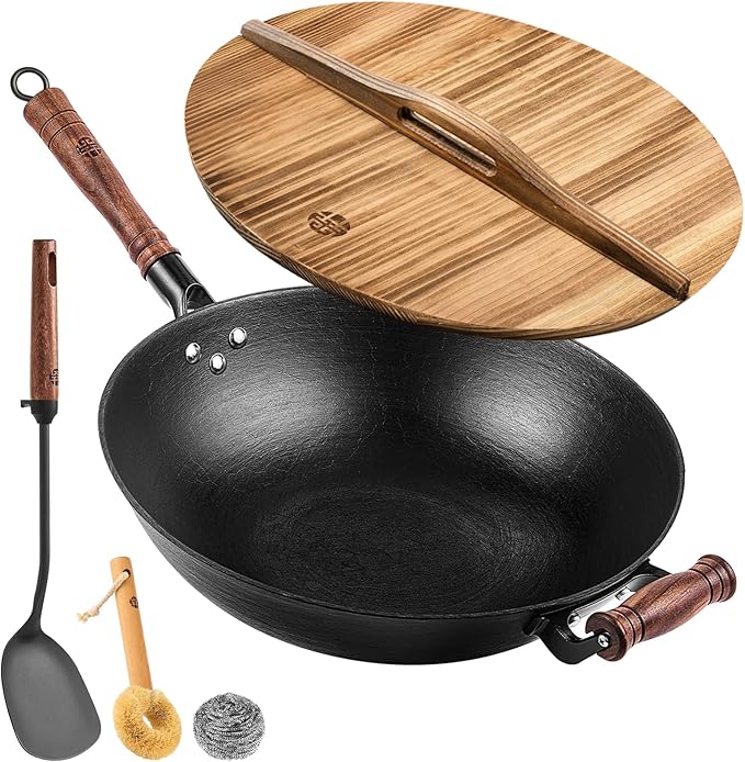 WANGYUANJI 14.2" Chemical-Free Iron Wok with Lid and Iron Spatula, Flat Bottom Stir Fry Pan for All Stovetops