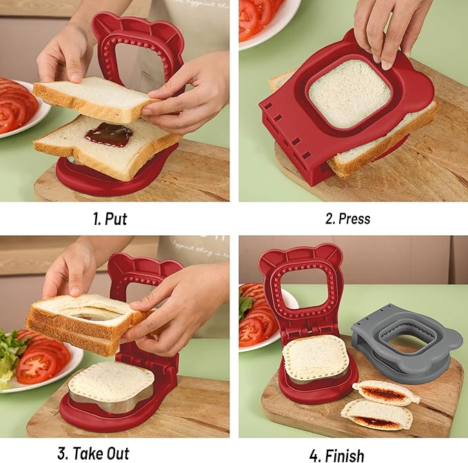 Sandwich Cutter and Sealer, Decruster Sandwich Maker for kids lunch Uncrustable Sandwich Maker，Easy for School Lunchbox and Bento Box Square - Red