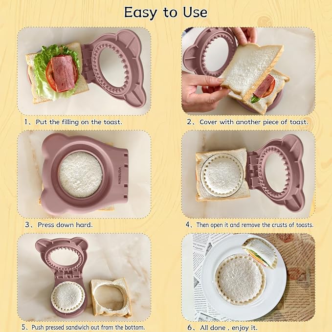 Sandwich Cutter and Sealer - 3.7" Circle & Square Pocket Sandwich Maker, Intuitive & Easy-to-Use for Boys &Girls, Perfect for Breakfast & Lunchboxes (Light Pink, Round)