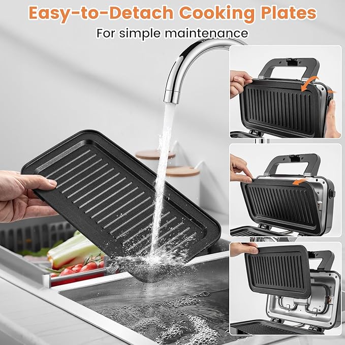 BECOMFORT 3 in 1 Waffle Maker, Sandwich Press w/3 Removable Non-stick Plates, Indicator Lights, Cool Touch Handle, Sandwich Maker & Panini Press w/5-gear Temperature Control for Breakfast Steak