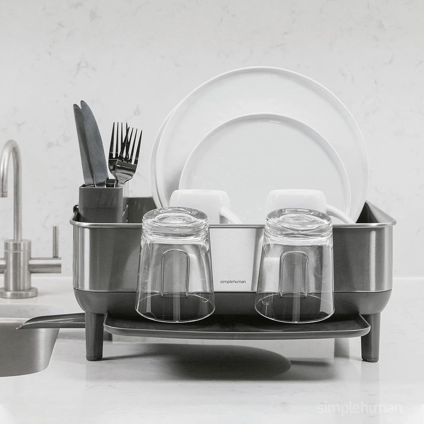simplehuman Compact Dish Drying Rack with Stainless Steel Frame, 360º Easy Drain Swivel Spout, Utensil Holder, Anti-Residue Coating, Moisture Control Surface, Grey