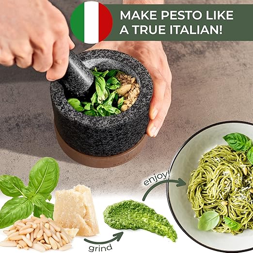 WALDWERK Mortar and Pestle - Mortar and Pestle Set with Anti-Scratch Acacia Wood Base - Mortar with Extra Large Pestle Out of Natural Granite - Large Mortar and Pestle - Perfect for Guacamole