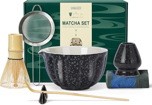 Matcha Whisk Set,7 PCS Ceramic Matcha Kit Includes Matcha Bowl with Spout, Matcha Whisk and Holder, Bamboo Scoop, Stainless Sifter, Tea Towel, Unique Gift for Matcha Lovers (Charcoal gray)