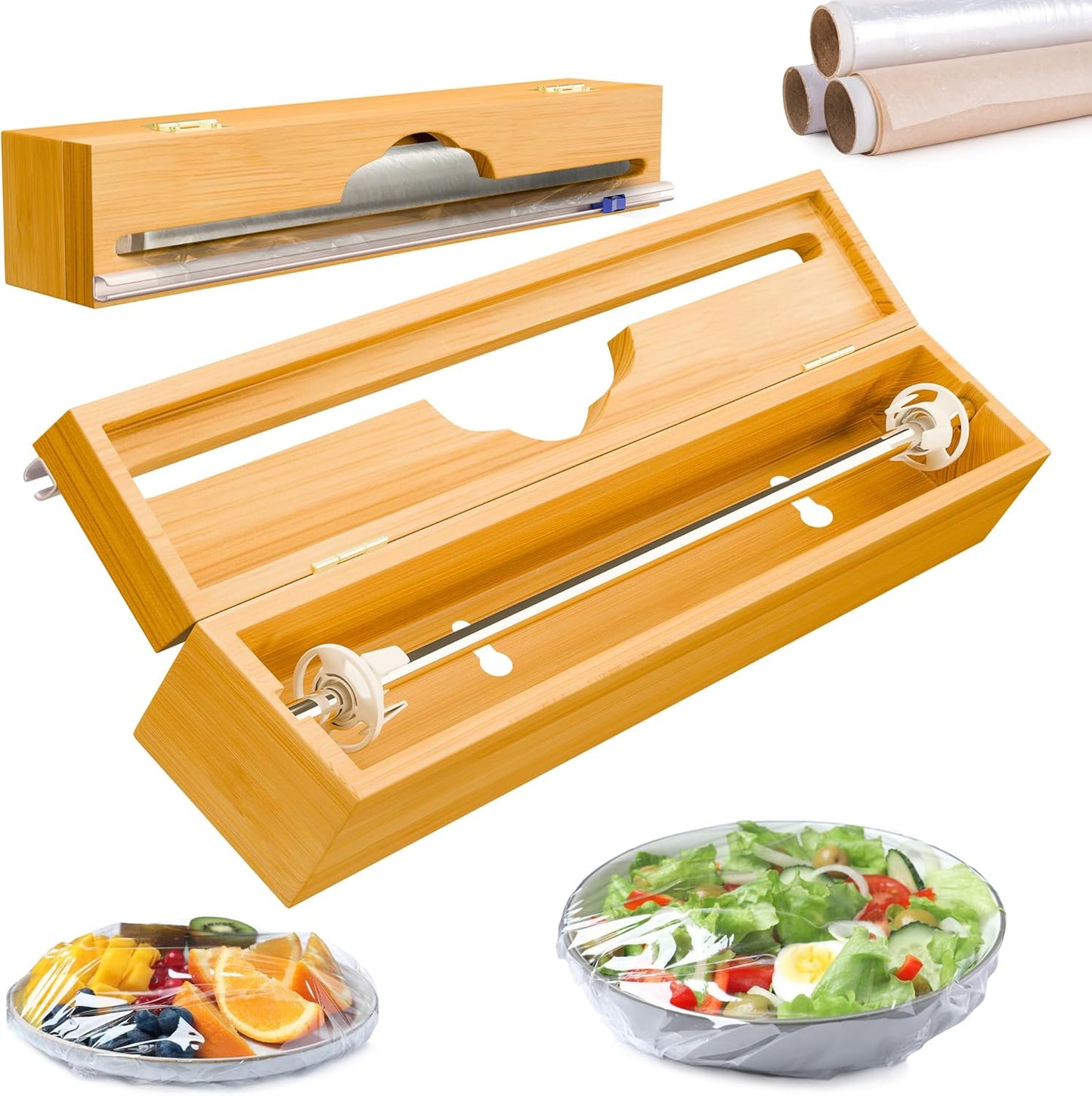 15'' Bamboo Plastic Wrap Dispenser with Cutter- Aluminum Foil Dispenser for Plastic Wrap, Parchment Paper Roll - Kitchen Wrap Dispenser with Cutter for Kitchen – Fits Up to 15'' Rolls