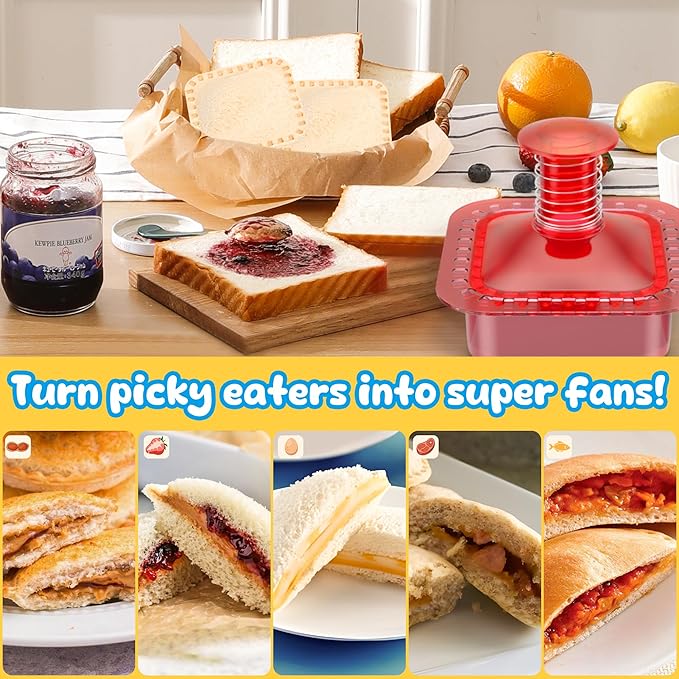 Sandwich Cutter and Sealer Cut and Seal Sandwich Maker, Crustless Peanut Butter & Jelly Sandwich Cookie Cutter (Translucent Red Square)