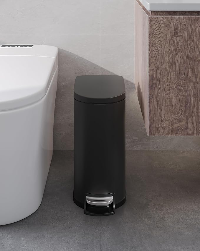 Garvee 13 gal (50 L) and 2.6 gal (10 L) Metal Trash Can Combo Set, Rustproof Garbage Can with Lid, Step-on Trash Bin with Inner Bucket, Rear Handle, Black