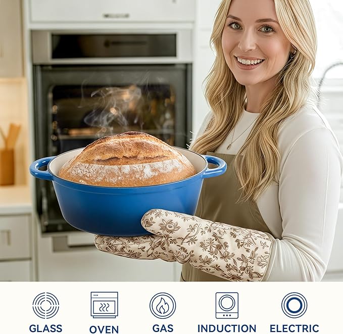 Oval Dutch Oven for Bread Baking, 4.5 Quart Non Stick Enameled Cast Iron Dutch Oven Pot with Lid, Oven Safe Oval Casserole with Lid up to 500°F for Baking, Braising, Stews, Roasting (Blue)