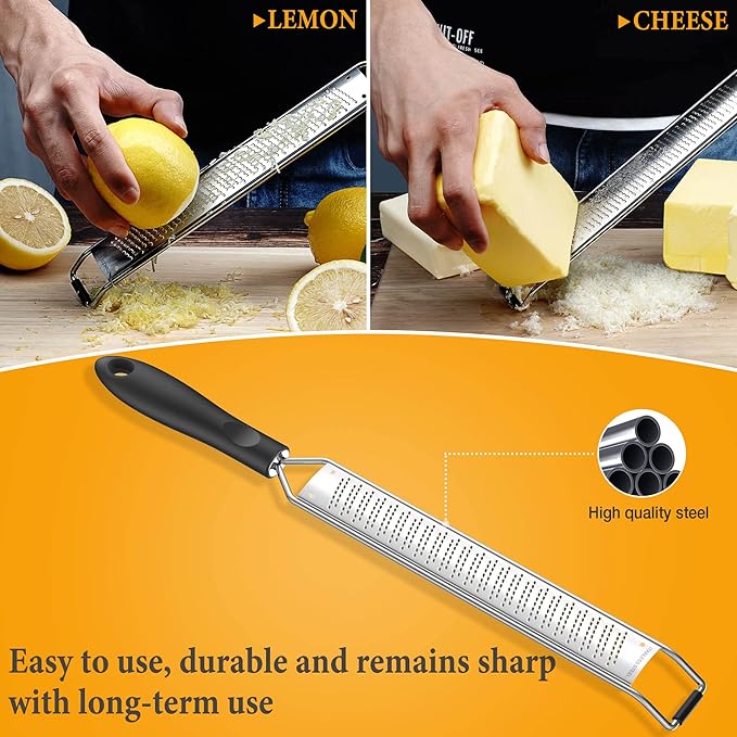 Lemon Zester & Cheese Grater – Premium Stainless Steel - A Sharp Kitchen Tool for Cheese Grater, Ginger, Garlic, Nutmeg, Chocolate, Vegetables, Fruits, Dishwasher Safe, Black B