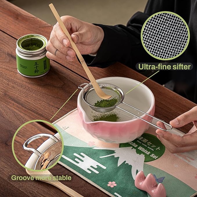 Clay&Fire Matcha Whisk Set，9 Pcs Ceramic Matcha Set, 15 OZ Matcha Bowl with Spout and Whisk，Matcha Kit for Friend, Ideal Gift for Matcha Lover（Gradient Pink）