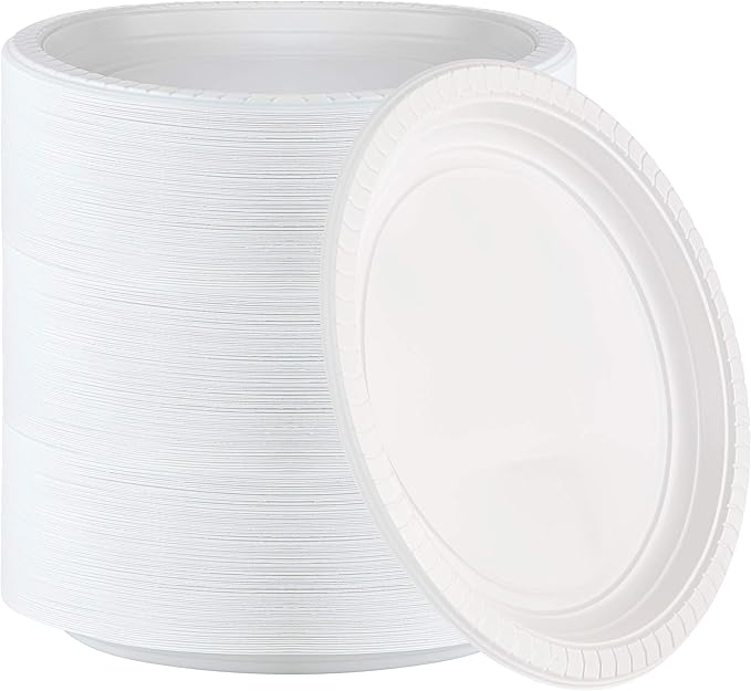 Plasticpro 9 inch Round Plastic Plates Microwaveable, Disposable, White, Dinnerware 400 Count