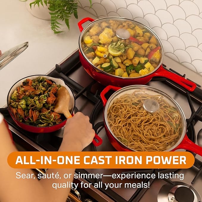 Bruntmor Enameled Cast Iron Skillet Set of 3-8, 10, and 12-Inch Non Stick Frying Pans with Tempered Glass Lids - Versatile Cast Iron Cookware Set for Casserole - Grill Pan for All Stovetops - Red