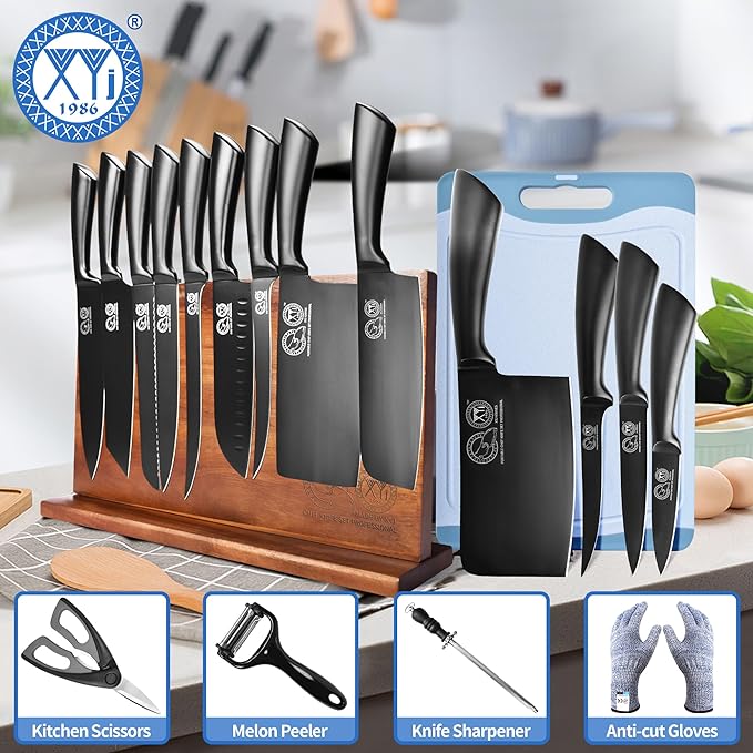 XYJ Professional Knife Sets for Master Chefs,Meat Cleaver Butcher for Camping,Chef Knife Set with Magnetic Knife Block,Bag,Stainless Steel Kitchen Knives Tools Kit