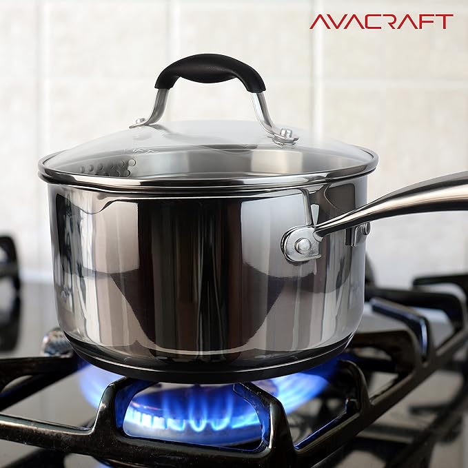 AVACRAFT Stainless Steel Saucepan with Glass Lid, Strainer Lid, Two Side Spouts for Easy Pour with Ergonomic Handle, Multipurpose Sauce Pan, Sauce Pot (5-Ply Capsule Bottom, 3.5 Quart)