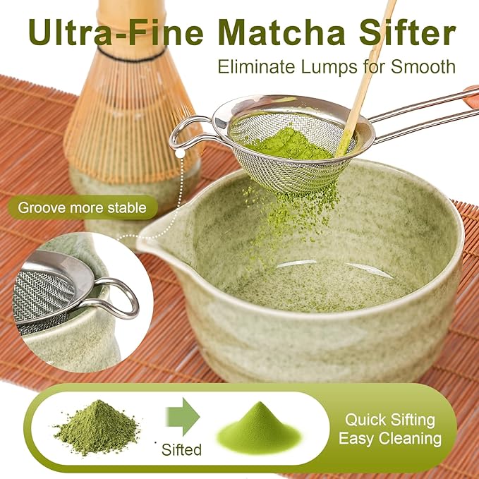 Matcha Whisk Set - 5Pcs Japanese Tea Set Includes Matcha Bowl with Spout, Bamboo Whisk with Holder, Scoop & Sifter, Essential Matcha Kit for Tea Ceremony, Gift for Beginners (Speckled Green)