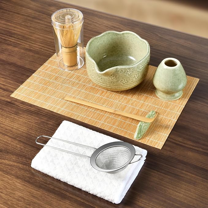 Matcha Whisk Set - Complete 8-Piece Japanese Tea Making Kit With Ceramic Bowl (Chawan), Bamboo Whisk (Chasen), Sifter, Scoop, Holder & Guide - Ideal Gift For Tea Enthusiasts (Mottled Green)