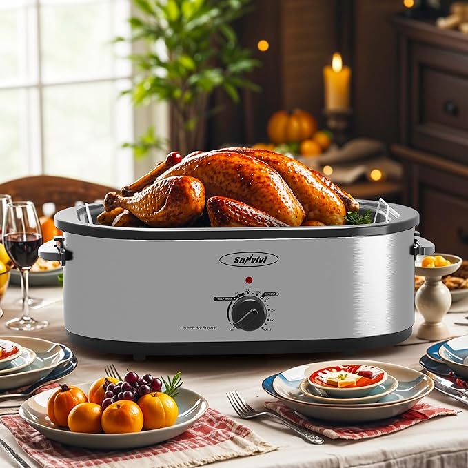 Sunvivi Electric Roaster,18 Quart Roasting Oven with Self-Basting Lid Removable Pan,Turkey Roaster Oven with 150 to 450F Temperature Control Cool-Touch Handles,Silver