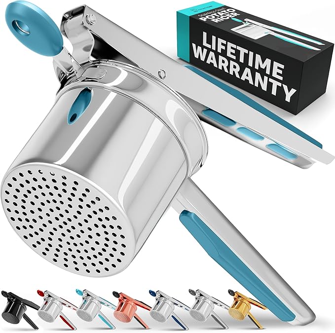 PriorityChef Large 15oz Potato Ricer, Heavy Duty Stainless Steel Potato Masher and Ricer Kitchen Tool, Press and Mash Kitchen Gadget For Perfect Mashed Potatoes - Everytime, Silver and Turquoise
