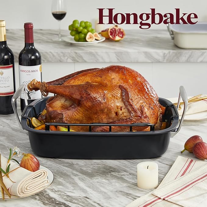 HONGBAKE Extra Large Turkey Roasting Pan with Rack (U-Shaped), 18.7×13.6 Inch Nonstick Roaster Pan for 25 lb Turkey & Chicken, Deep Turkey Tray for Oven, Wider Handles, 0.8 mm Heavy Duty Steel, Gray