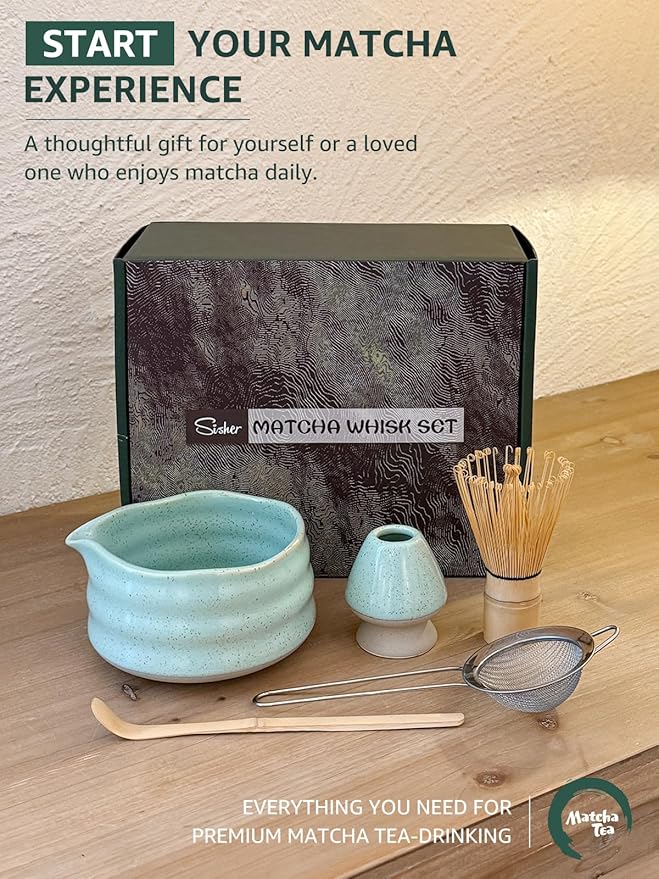 Sisher Matcha Whisk set,Matcha Bowl with Spout，Cute Matcha Set(5pcs) Matcha Bowl, Bamboo Whisk, Matcha Scoop, Matcha Whisk Holder (Chasen Holder), Stainless Steel Sifter, Matcha Making Kit(Green)