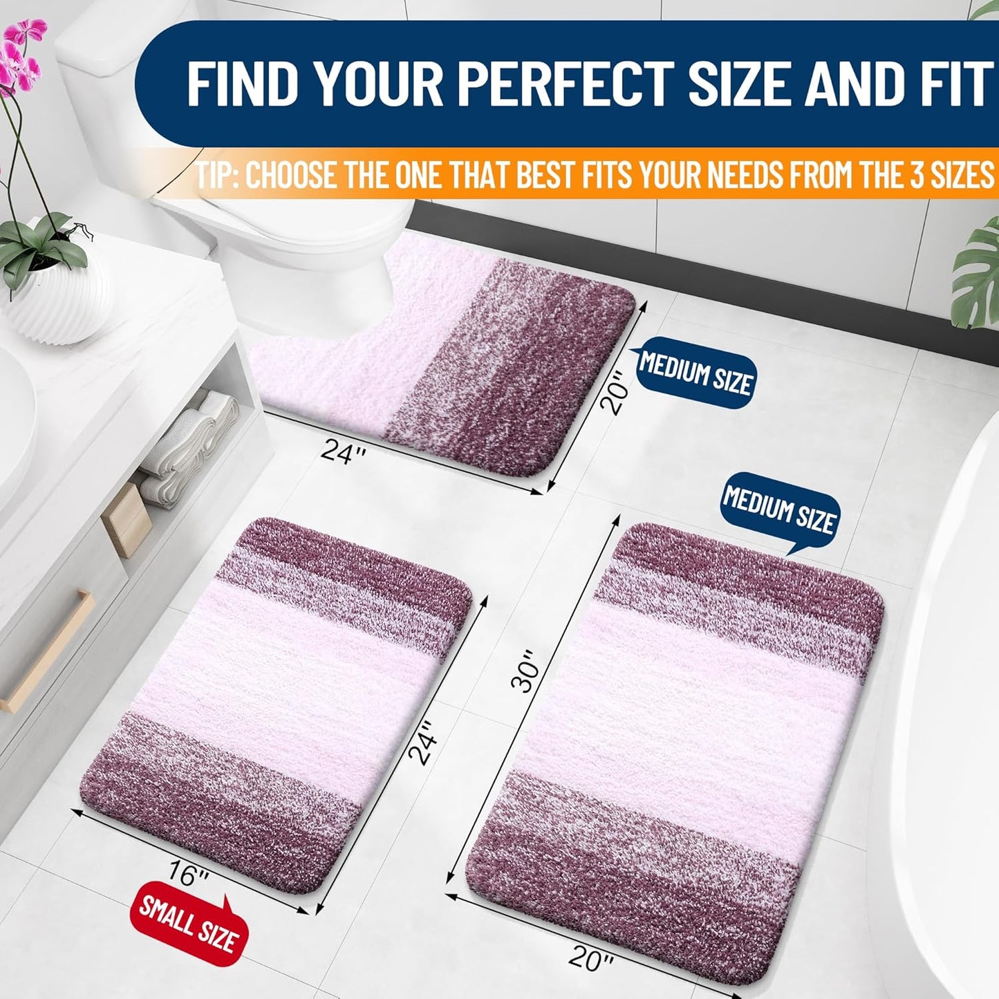 OLANLY Luxury Toilet Rugs U-Shaped 24x20, Extra Soft and Absorbent Microfiber Bathroom Rugs, Non-Slip Plush Shaggy Bath Mat, Machine Wash Dry, Contour Bathroom Mats for Toilet Base, Mauve