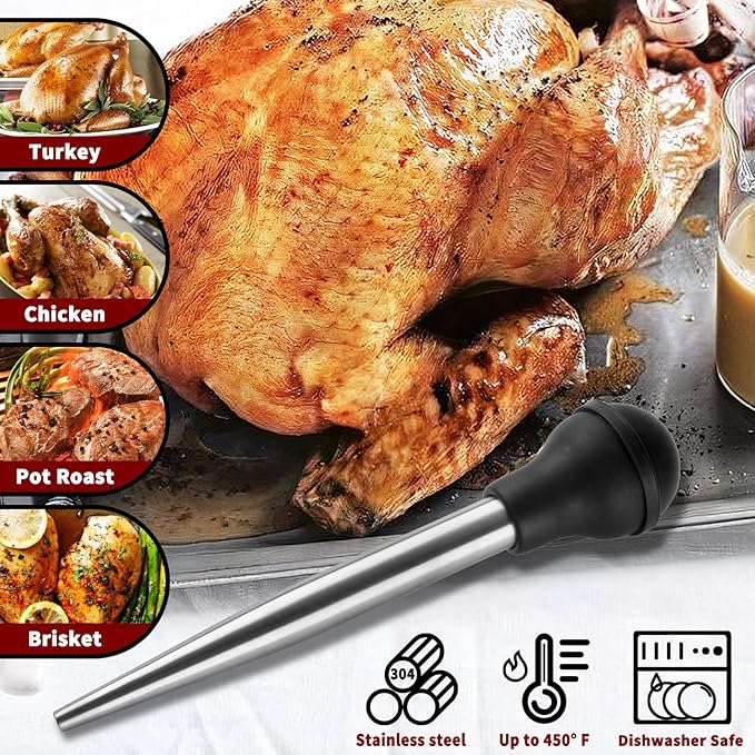 Turkey Baster With Cleaning Brush, Stainless Steel Baster Tool for Cooking-Baster Syringe for Roaster Turkey, Include 2 Meat Marinade Injector Needles for Thanksgiving