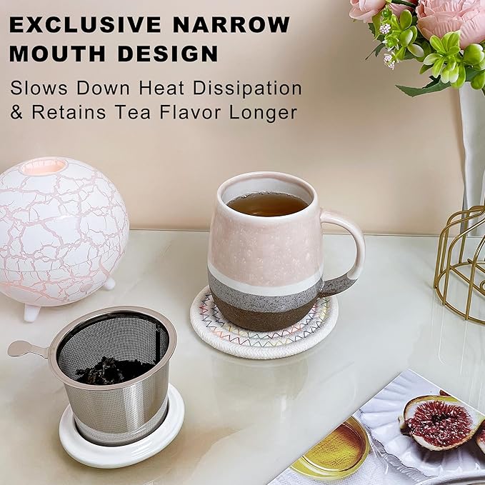 13.5 OZ Reactive Glaze Tea Mugs with Infuser and Lid, Loose Leaf Tea Infuser Cup, Ceramic Steeping Teacup with Filter for Single, Microwave & Dishwasher Safe, Pink