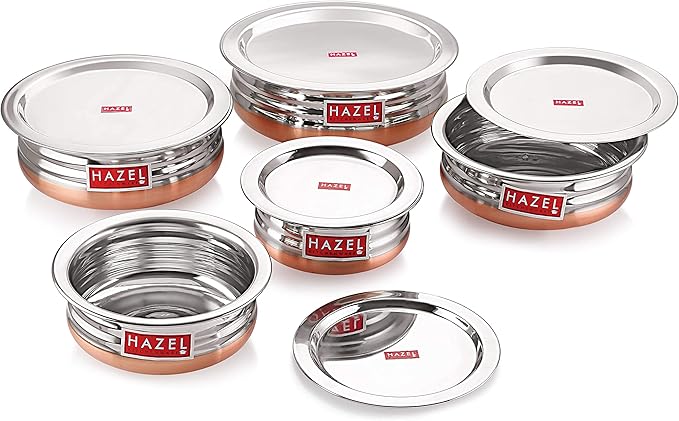 HAZEL Stainless Steel Copper Bottom Pot Handi with Lid | Urli Vessel Cooking Stainless Steel | Serving Tope Handi | Serveware set of 5 (600 ml, 900 ml, 1200 ml, 1500 ml, 1800 ml) | 3 Months Warrenty