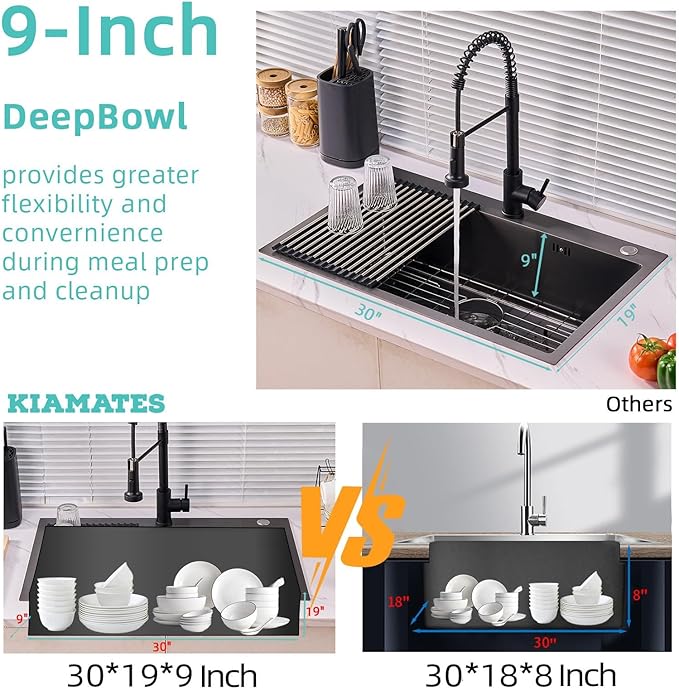 Top-Mount Kitchen Sink and Faucet, 30 inch Drop in Black Kitchen Sinks Single Bowl,9" Deep Handmade Overmount Kitchen Sink, T304 Stainless Steel Nano Black Workstation Sink with Accessories