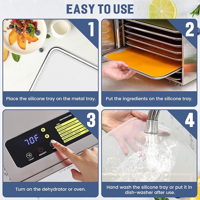 6 Pack Silicone Dehydrator Trays for Liquids, Fruit Leather Trays for Dehydrator, Non-stick Silicone Dryer Mats with Edge,Reusable Dryer Sheet for Jerky, Fruit, Meat, Herbs (11 * 11″)